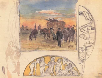 Paysage avec récolte de foin et deux compositions frises